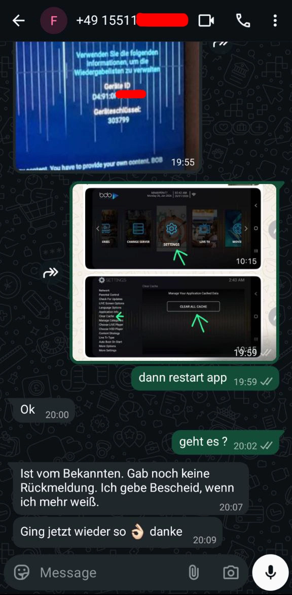 IPTV Kundenchat mit Support zur Verlängerung und Zahlung